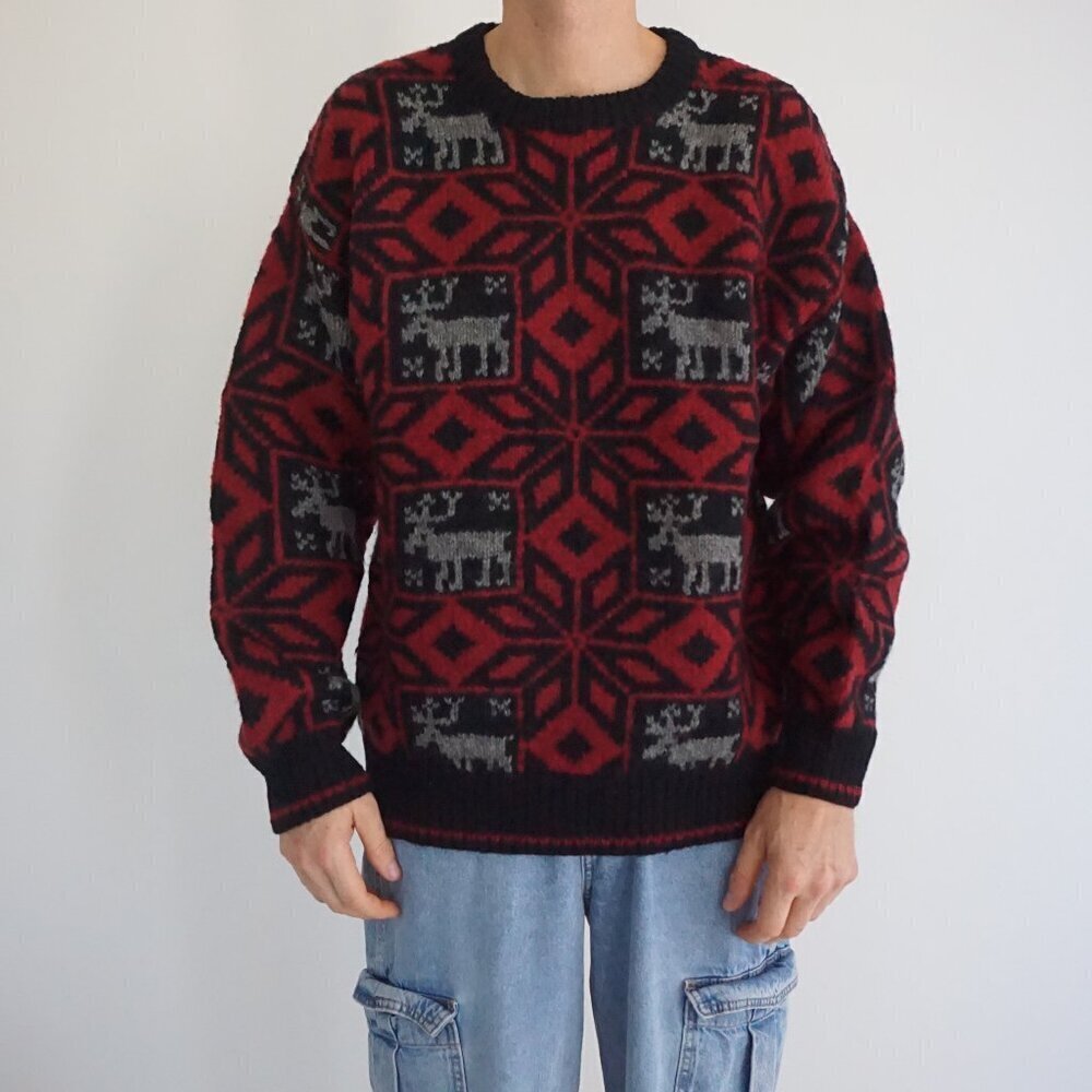 Nautica Red Black Wool Blend Moose Nordic Knit Sweater Men’s SM Winter Holiday